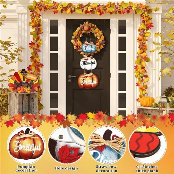 Thanksgiving Decoration Wood Pumpkin Turkey Door Wall Wreath for Front Door - Picture 4 of 8